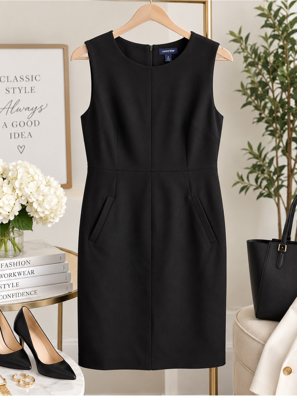 Lands’ End Black Sleeveless Sheath Dress Size 8 Ponte Knit Career Workwear Pocke